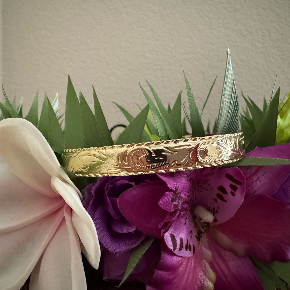 Gold Engraved Floral Bangle Bracelet - Women's Jewelry